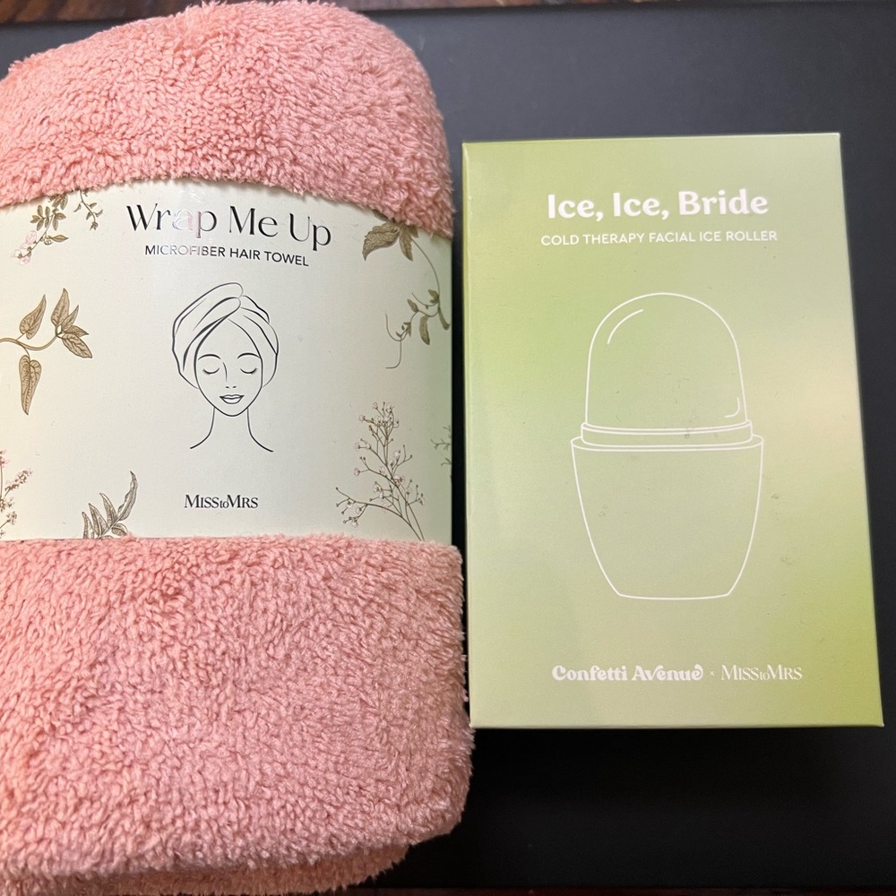 Miss to Mrs Pink Microfiber Hair Towel and Green Facial Ice Roller Set